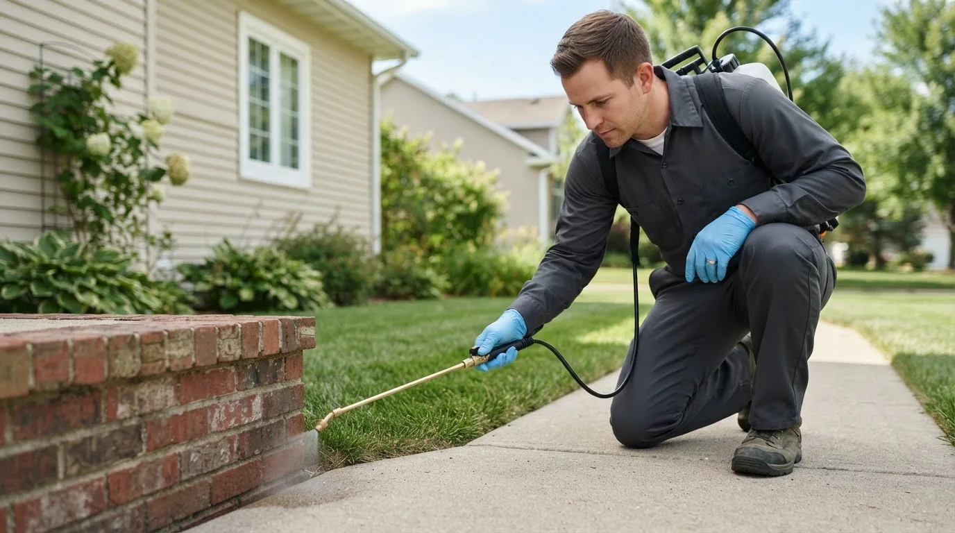 Pest control technician treating a home near Gibson, TN